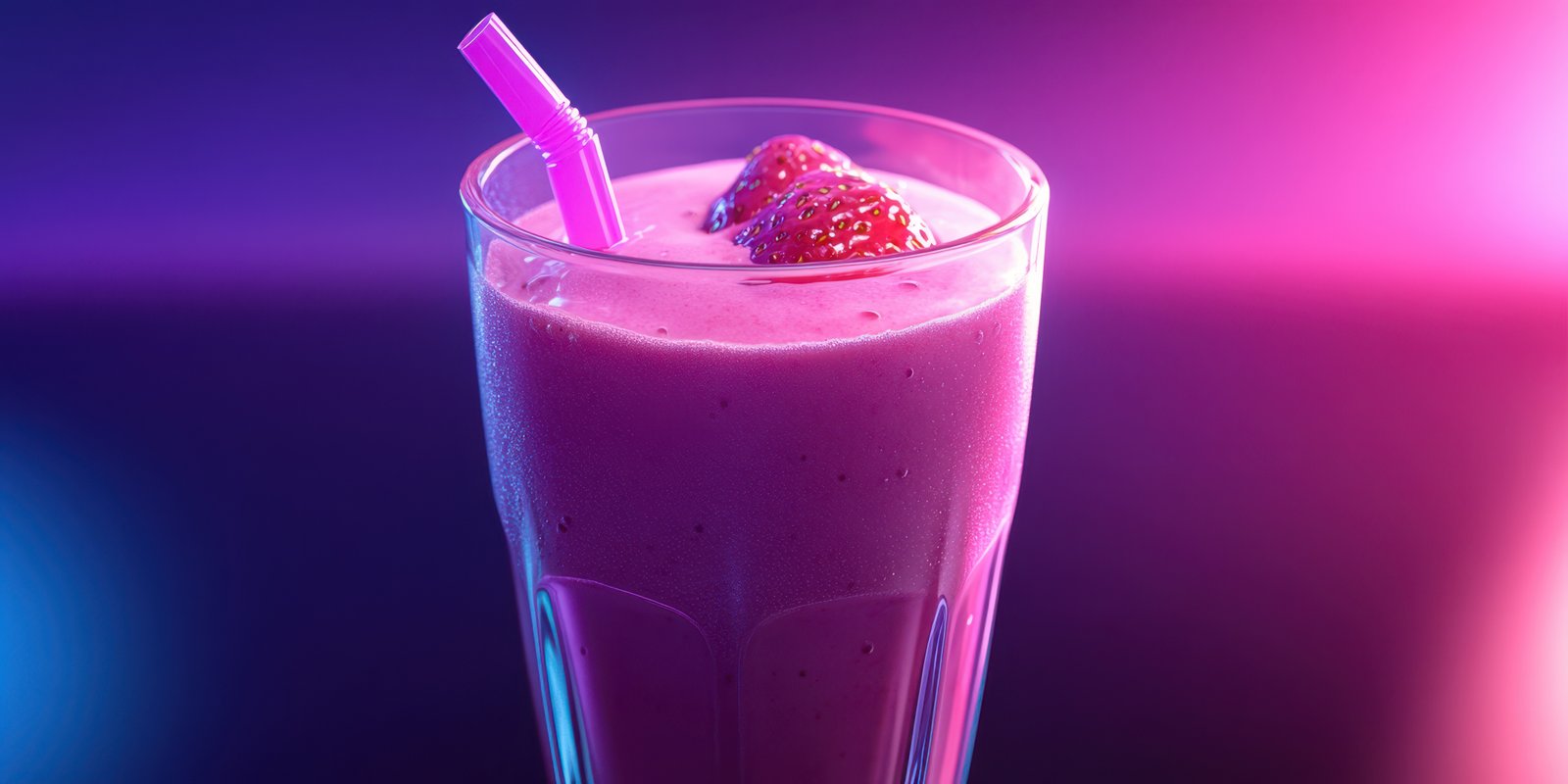 Refreshing strawberry smoothie in a vibrant setting with colorful lighting
